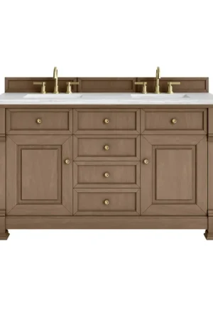 Worldwide Shipping James Martin Vanities Brookfield 60" Pecan Double Vanity With 3cm Arctic Fall Solid Surface Top