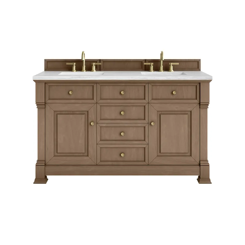 Worldwide Shipping James Martin Vanities Brookfield 60" Pecan Double Vanity With 3cm Arctic Fall Solid Surface Top