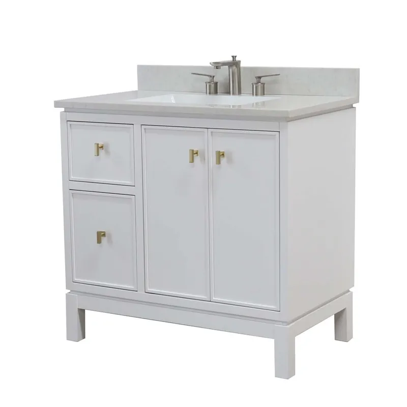 Viral Bellaterra Home G3722-GD-WH-AQ 37" White Single Sink Vanity With Engineered Stone Top and Gold Hardware
