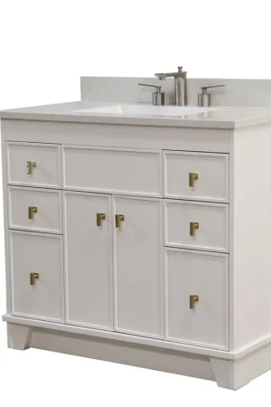 Bellaterra Home 3922-GD-WH-AQ 39" White Single Sink Vanity With Engineered Stone Top and Gold Hardware Worldwide Shipping