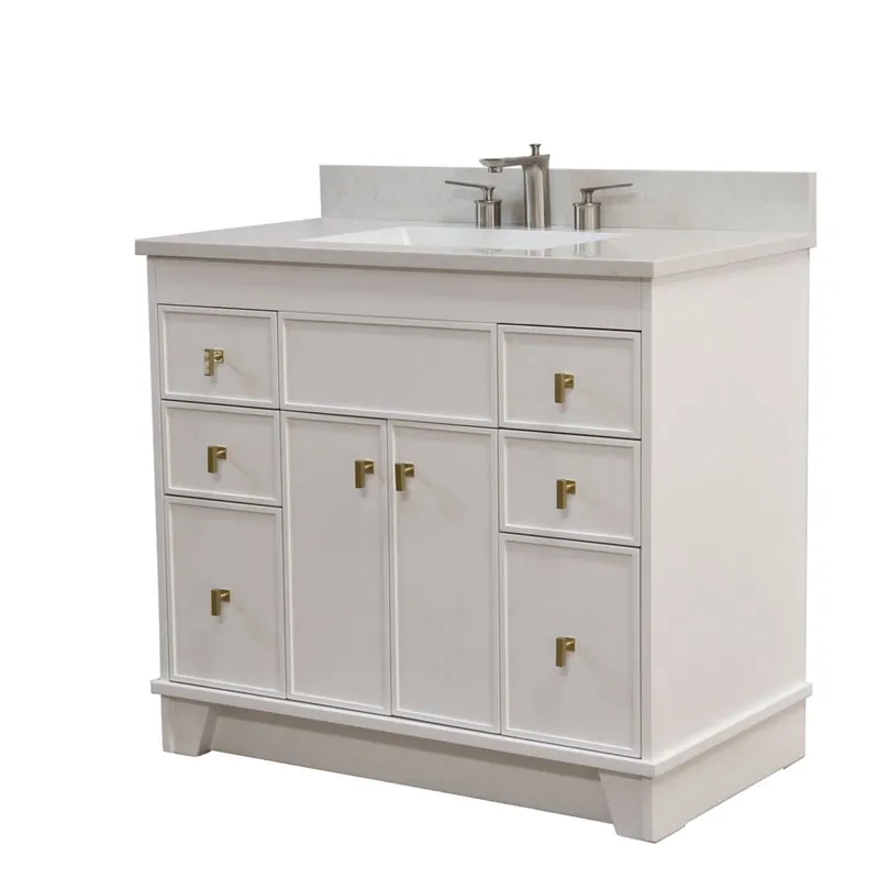 Bellaterra Home 3922-GD-WH-AQ 39" White Single Sink Vanity With Engineered Stone Top and Gold Hardware Worldwide Shipping