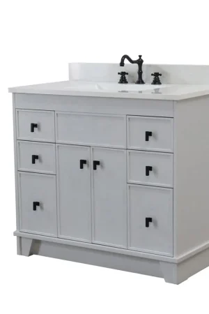 Bellaterra Home 3922-BL-FG-AQ 39" French Gray Single Sink Vanity With Engineered Stone Top and Black Hardware Exclusive