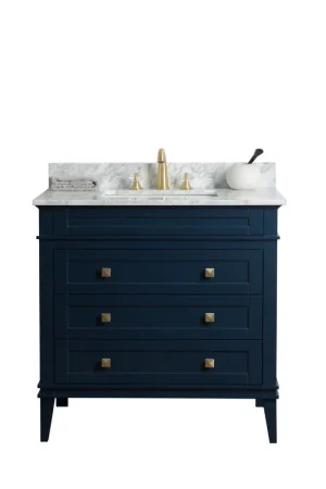 Bargain Legion Furniture 36" Navy Blue Freestanding Vanity With Carrara White Marble Top and White Ceramic Sink