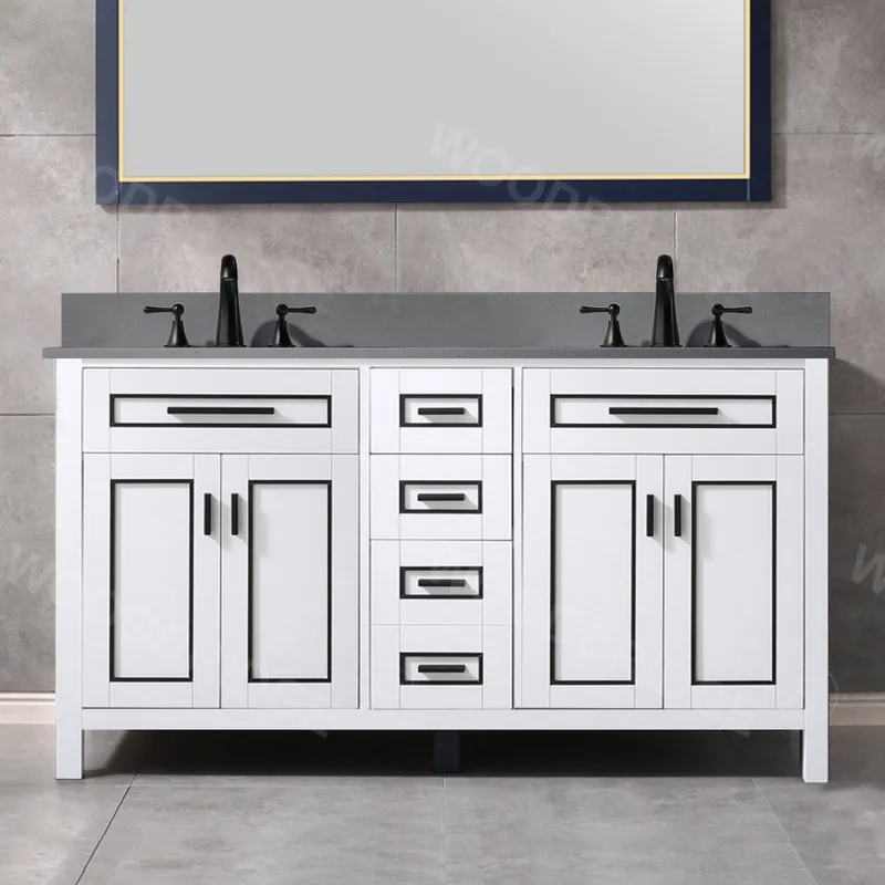 Cheap Woodbridge Milan 61" White Solid Wood Vanity Base and Dark Gray Engineered Stone Composite Top, Single Basin With Pre-Drilled 3-Hole for 4" Centerset Faucet