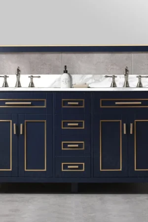 Worldwide Shipping Woodbridge Milan 61" Navy Blue Solid Wood Vanity Base and White Fish Belly Engineered Stone Composite Top, Single Basin With Pre-Drilled 3-Hole for 8" Widespread Faucet