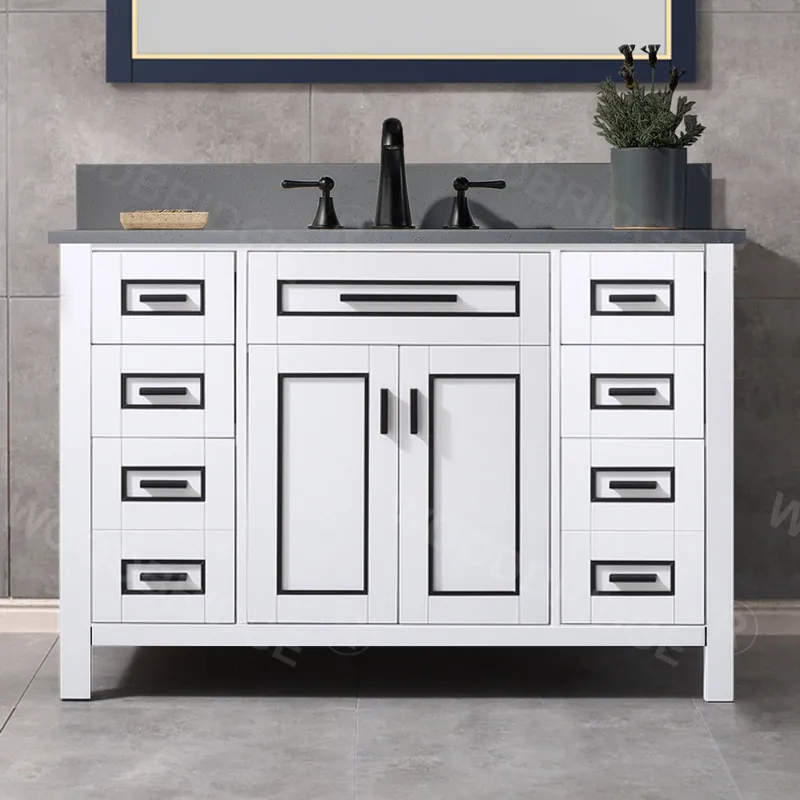 Latest Woodbridge Milan 49" White Solid Wood Vanity Base and Dark Gray Engineered Stone Composite Top, Single Basin With Pre-Drilled 3-Hole for 4" Centerset Faucet