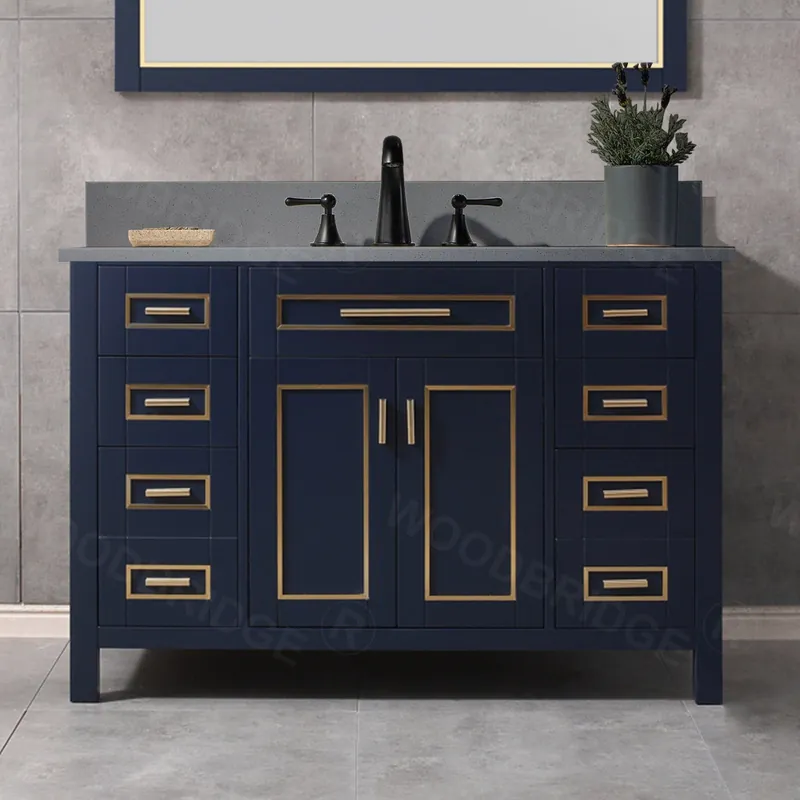Trusted Brand Woodbridge Milan 49" Navy Blue Solid Wood Vanity Base and Dark Gray Engineered Stone Composite Top, Single Basin With Pre-Drilled Holes for 8" Widespread Faucet