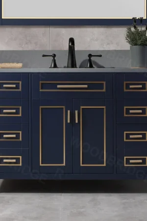 Worldwide Shipping Woodbridge Milan 49" Navy Blue Solid Wood Vanity Base and Dark Gray Engineered Stone Composite Top, Single Basin With Pre-Drilled Holes for 4" Centerset Faucet