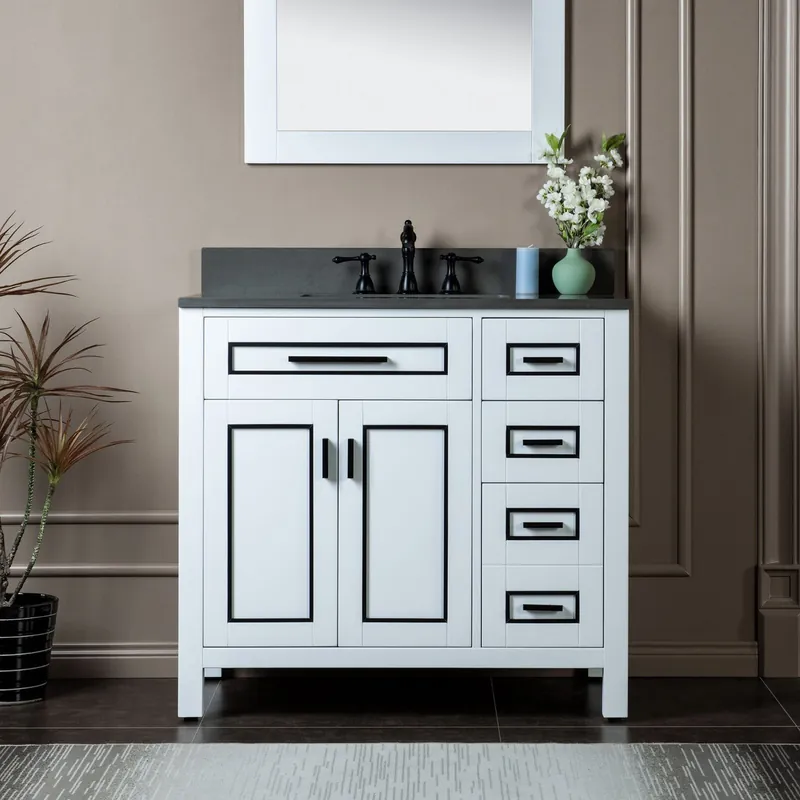 Buy Online Woodbridge Milan 37" White Solid Wood Vanity Base and Dark Gray Engineered Stone Composite Top, Single Basin With Pre-Drilled 3-Hole for 8" Widespread Faucet