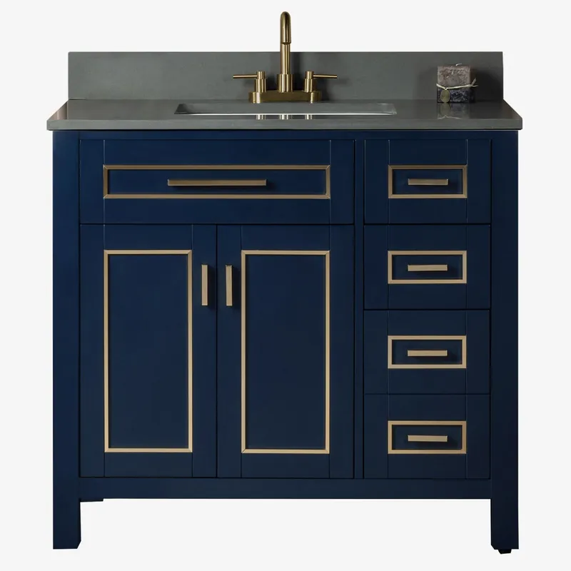 Woodbridge Milan 37" Navy Blue Solid Wood Vanity Base and Dark Gray Engineered Stone Composite Top, Single Basin With Pre-Drilled 3-Hole for 4" Centerset Faucet Don’t Miss Out