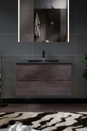 Budget Woodbridge New Jersey Style 36" Rose Wood Vanity Base and Black Quartz Sand Composite Vanity Top With Integrated Sink