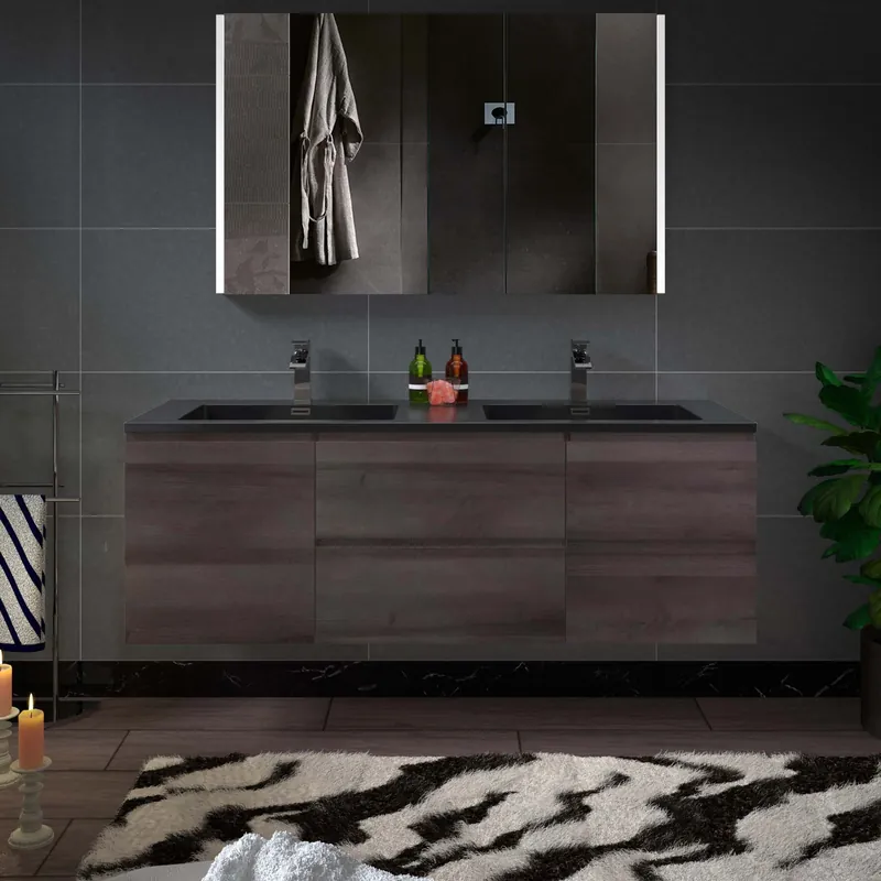 Woodbridge New Jersey Style 60" Gray Oak Vanity Base and Quartz Sand Composite Vanity Top With Integrated Sink Limited Edition