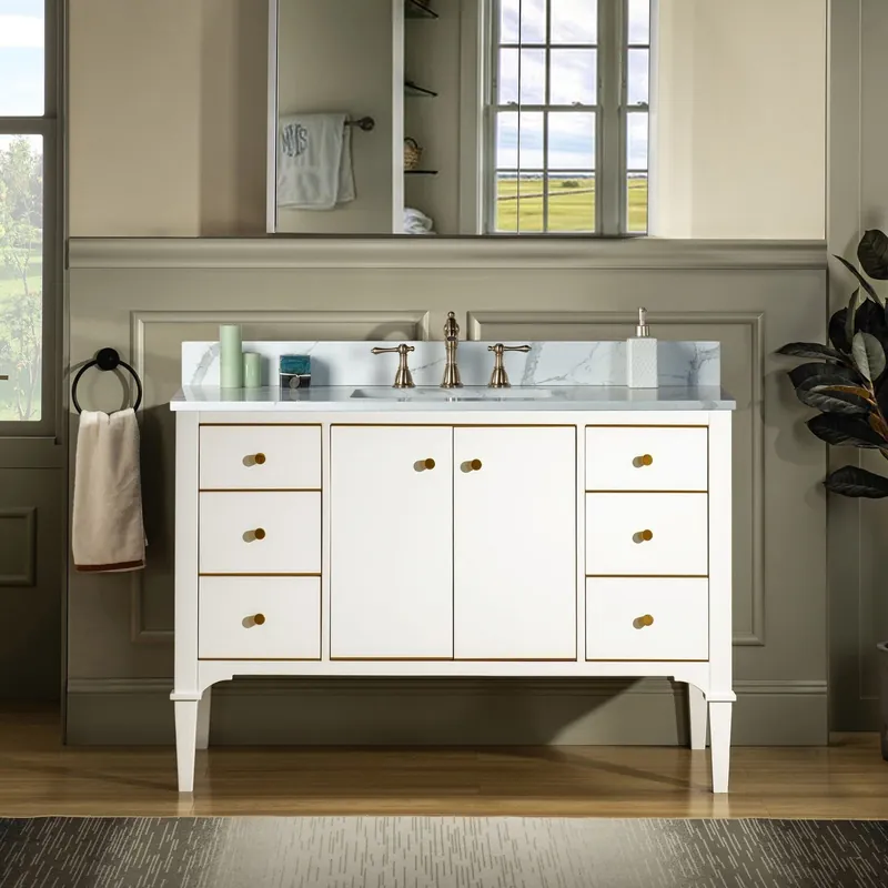 Instant Buy Woodbridge Roma 48" White Solid Wood Vanity Base With Gold Hardware and Fish Belly Engineered Stone Composite Top With 3 Pre-Drilled Holes