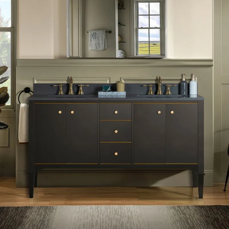 Sale Woodbridge Roma 61" Espresso Solid Wood Vanity Base With Gold Hardware and Dark Gray Engineered Stone Composite Top With 3 Pre-Drilled Holes