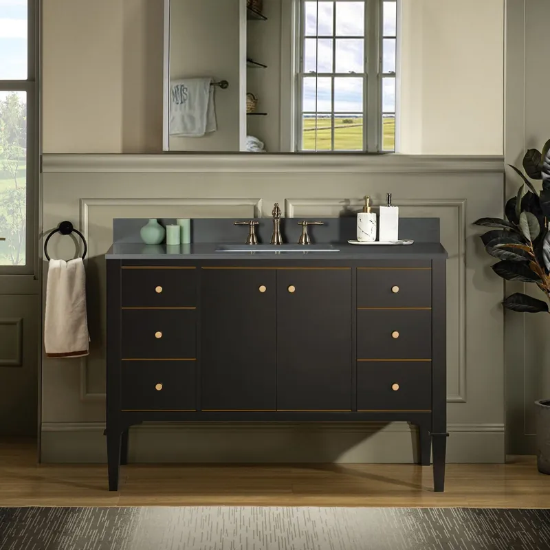 Woodbridge Roma 48" Espresso Solid Wood Vanity Base With Gold Hardware and Dark Gray Engineered Stone Composite Top With 3 Pre-Drilled Holes Fast Shipping