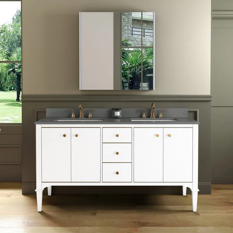 In Demand Woodbridge Roma 61" White Solid Wood Vanity Base With Gold Hardware and Dark Gray Engineered Stone Composite Top With 3 Pre-Drilled Holes