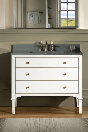 Authentic Woodbridge Roma 43" White Solid Wood Vanity Base With Gold Hardware and Dark Gray Engineered Stone Composite Top With 3 Pre-Drilled Holes
