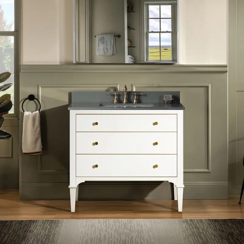 Deal Woodbridge Roma 37" White Solid Wood Vanity Base With Gold Hardware and Dark Gray Engineered Stone Composite Top With 3 Pre-Drilled Holes