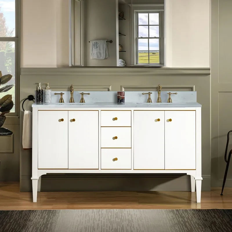 Deal Woodbridge Roma 61" White Solid Wood Vanity Base With Gold Hardware and Carrara Engineered Stone Composite Top With 3 Pre-Drilled Holes