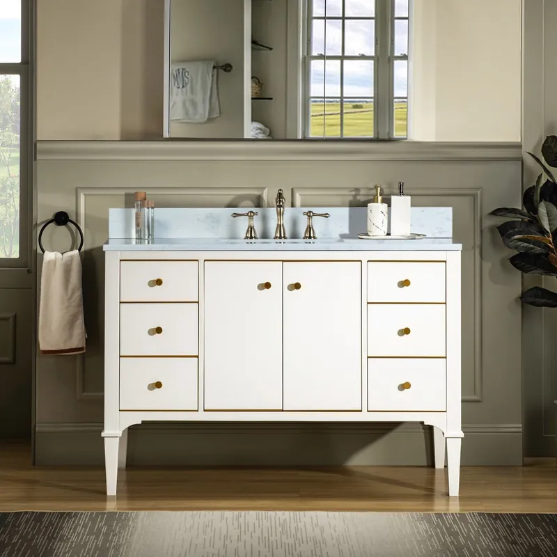 Woodbridge Roma 48" White Solid Wood Vanity Base With Gold Hardware and Carrara Engineered Stone Composite Top With 3 Pre-Drilled Holes Shop Now