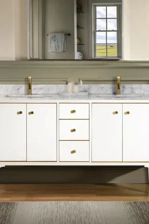 Buy Direct Woodbridge Roma 61" White Solid Wood Vanity Base With Gold Hardware and Carrara Marble Top With Pre-Drilled Hole for Single Hole Faucet
