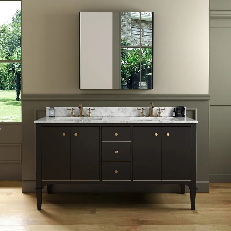 Next Day Delivery Woodbridge Roma 61" Espresso Solid Wood Vanity Base With Gold Hardware and Carrara Marble Top With 3 Pre-Drilled Holes