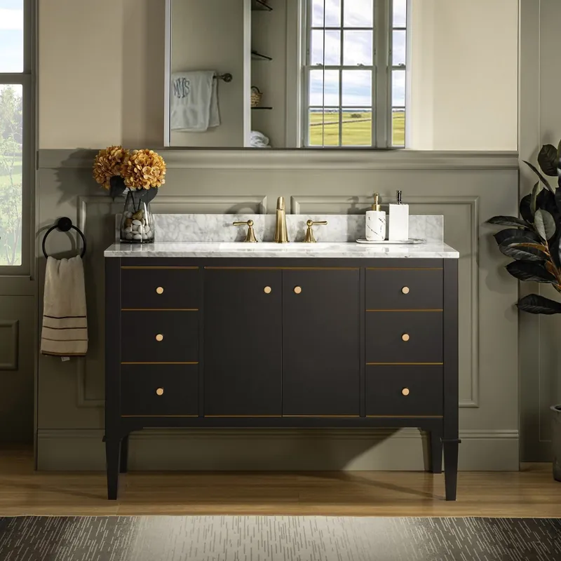 Time-Limited Woodbridge Roma 48" Espresso Solid Wood Vanity Base With Gold Hardware and Carrara Marble Top With 3 Pre-Drilled Holes
