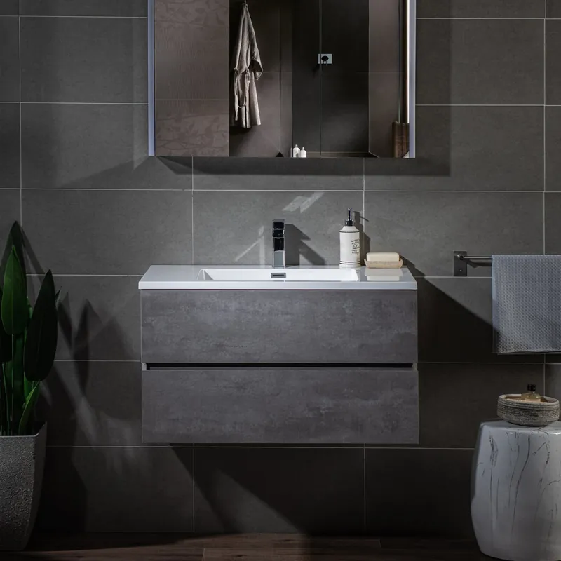 Limited Time Woodbridge California Style 36" Gray Contemporary Wall Hung Floating Vanity and White Resin Composite Vanity Top With Integrated Single Sink