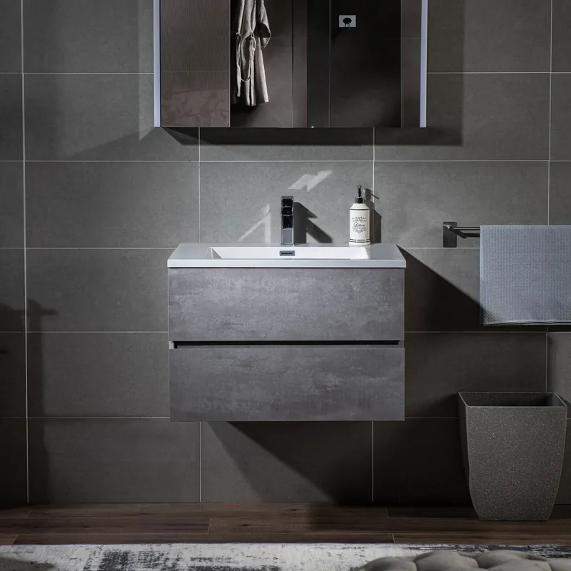 Woodbridge California Style 30" Gray Contemporary Wall Hung Floating Vanity and White Resin Composite Vanity Top With Integrated Single Sink Bulk Order
