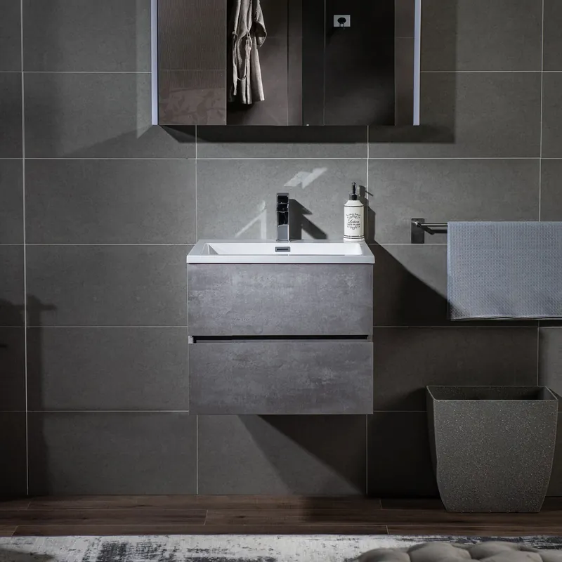 Woodbridge California Style 24" Gray Contemporary Wall Hung Floating Vanity and White Resin Composite Vanity Top With Integrated Single Sink Top Pick