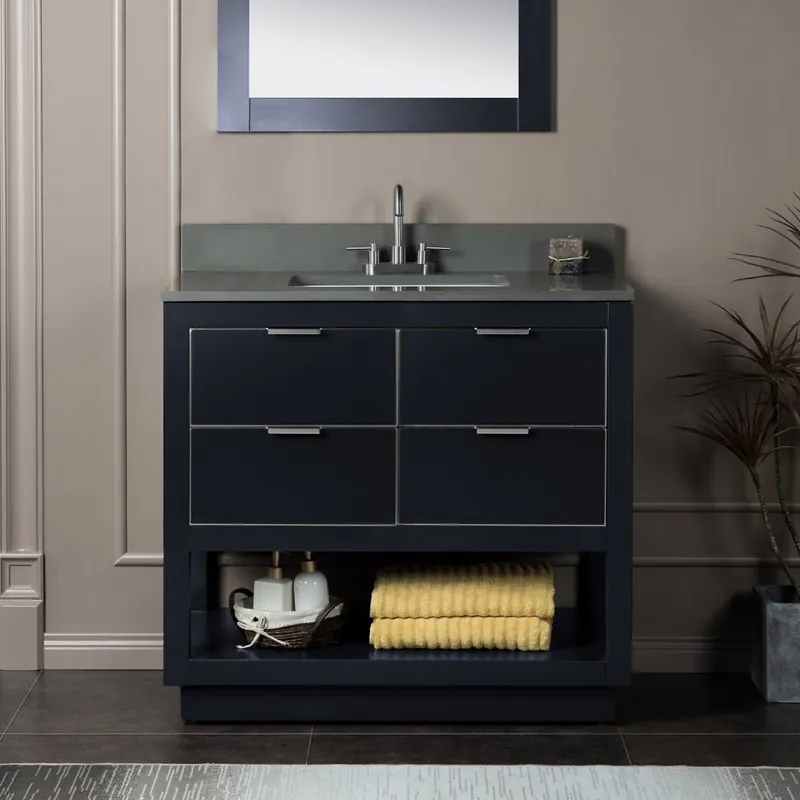 Warranty Included Woodbridge Venice 43" Gray and Brushed Nickel Trim Solid Wood Vanity Base and Dark Gray Engineered Stone Composite Top With 3 Pre-Drilled Holes for 4" Centerset Faucet