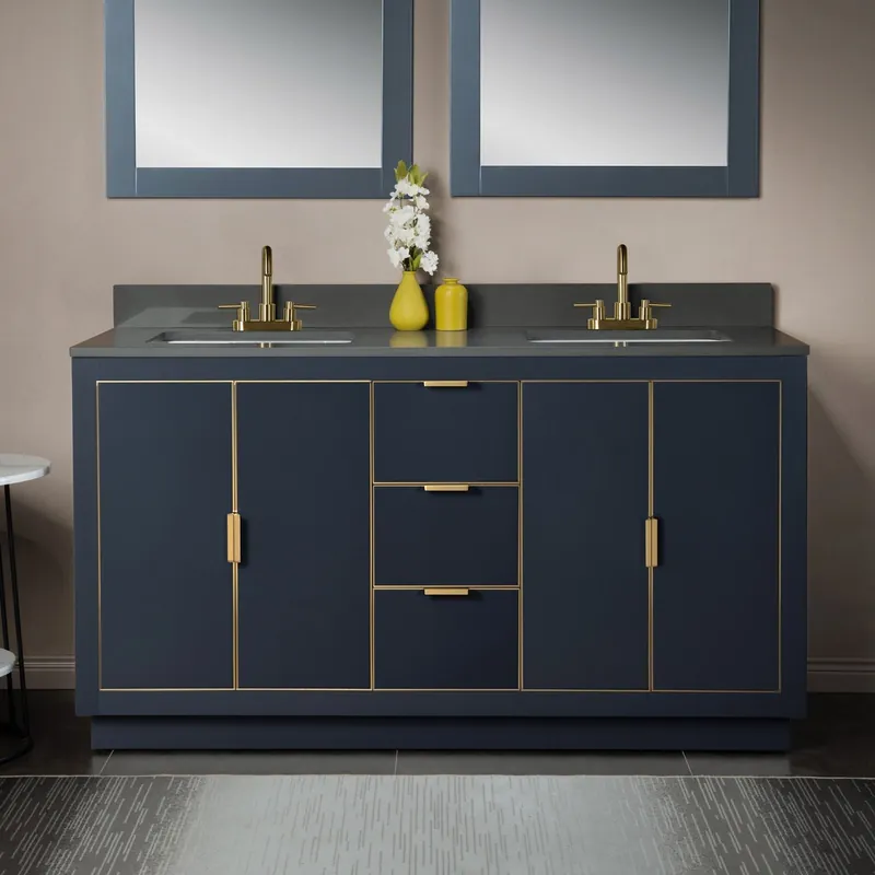 Free Returns Woodbridge Venice 61" Gray and Gold Trim Solid Wood Vanity Base and Dark Gray Engineered Stone Composite Top With 3 Pre-Drilled Holes for 4" Centerset Faucet