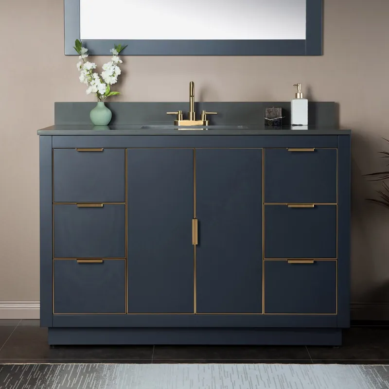 Factory Price Woodbridge Venice 48" Gray and Gold Trim Solid Wood Vanity Base and Dark Gray Engineered Stone Composite Top With 3 Pre-Drilled Holes for 4" Centerset Faucet