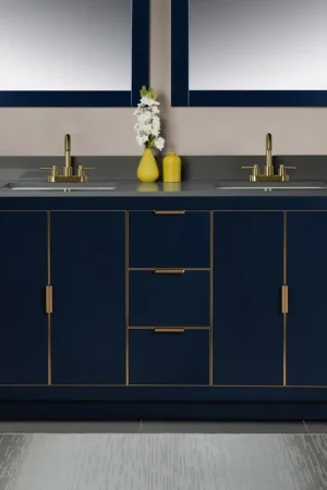 Woodbridge Venice 61" Navy Blue and Gold Trim Solid Wood Vanity Base and Dark Gray Engineered Stone Composite Top With 3 Pre-Drilled Holes for 4" Centerset Faucet High Quality