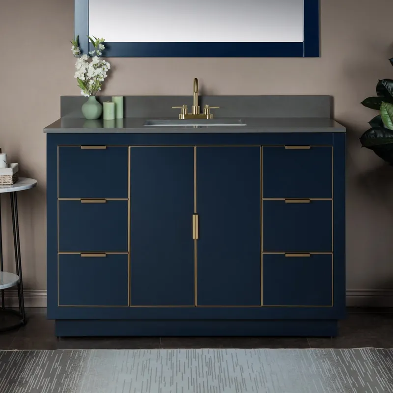 Editor’s Pick Woodbridge Venice 48" Navy Blue and Gold Trim Solid Wood Vanity Base and Dark Gray Engineered Stone Composite Top With 3 Pre-Drilled Holes for 4" Centerset Faucet