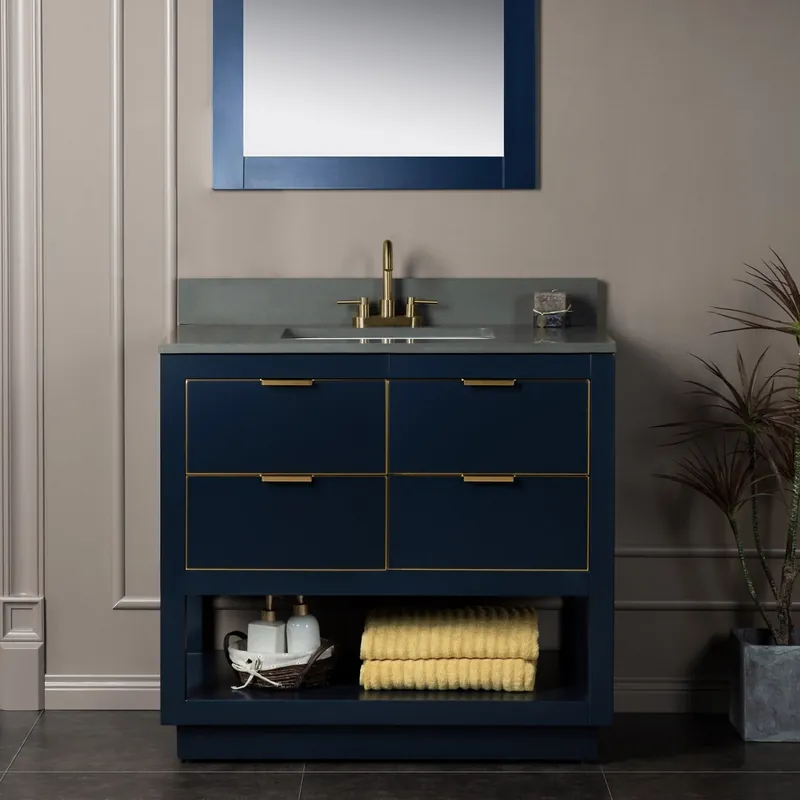 Buy Direct Woodbridge Venice 37" Navy Blue and Gold Trim Solid Wood Vanity Base and Dark Gray Engineered Stone Composite Top With 3 Pre-Drilled Holes for 4" Centerset Faucet