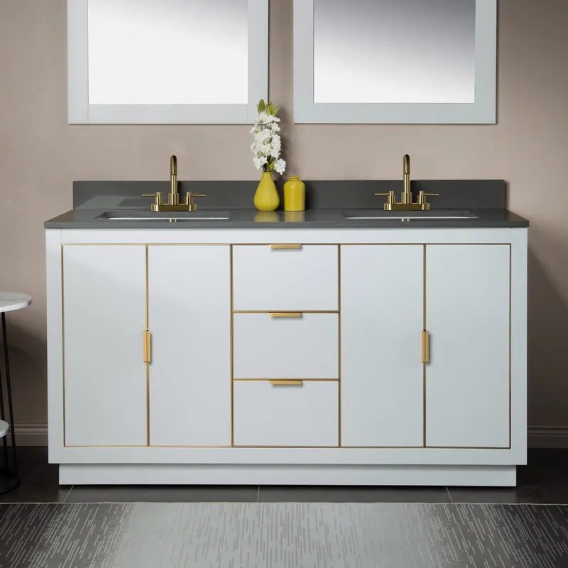 Woodbridge Venice 61" White and Gold Trim Solid Wood Vanity Base and Dark Gray Engineered Stone Composite Top With 3 Pre-Drilled Holes for 4" Centerset Faucet Worldwide Shipping