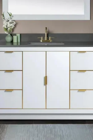 Woodbridge Venice 48" White and Gold Trim Solid Wood Vanity Base and Dark Gray Engineered Stone Composite Top With 3 Pre-Drilled Holes for 4" Centerset Faucet Low Price