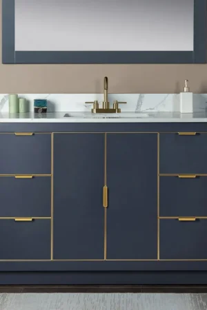 Woodbridge Venice 48" Gray and Gold Trim Solid Wood Vanity Base and Fish Belly White Engineered Stone Composite Top With 3 Pre-Drilled Holes for 4" Centerset Faucet Free Delivery