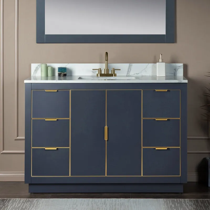 Woodbridge Venice 48" Gray and Gold Trim Solid Wood Vanity Base and Fish Belly White Engineered Stone Composite Top With 3 Pre-Drilled Holes for 4" Centerset Faucet Free Delivery