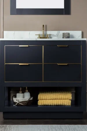 Brand New Woodbridge Venice 43" Gray and Gold Trim Solid Wood Vanity Base and Fish Belly White Engineered Stone Composite Top With 3 Pre-Drilled Holes for 4" Centerset Faucet