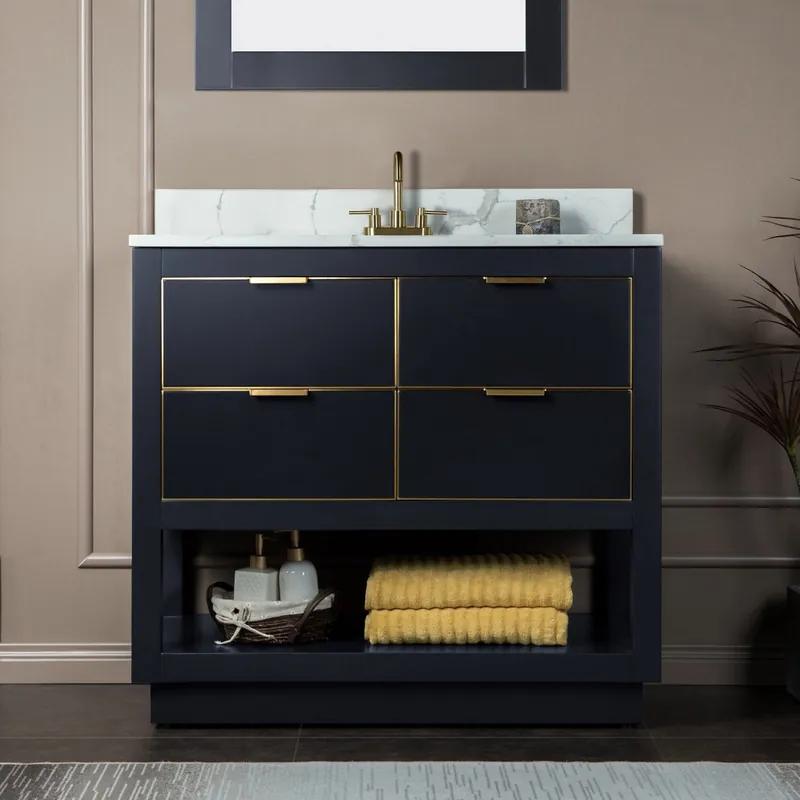 Brand New Woodbridge Venice 43" Gray and Gold Trim Solid Wood Vanity Base and Fish Belly White Engineered Stone Composite Top With 3 Pre-Drilled Holes for 4" Centerset Faucet