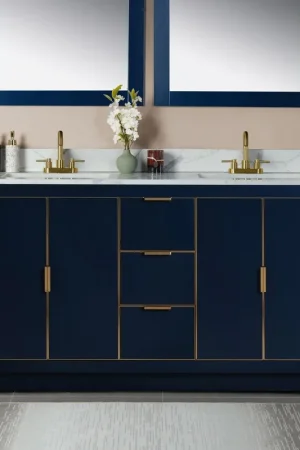Woodbridge Venice 61" Navy Blue and Gold Trim Solid Wood Vanity Base and Fish Belly White Engineered Stone Composite Top With 3 Pre-Drilled Holes for 4" Centerset Faucet High Quality