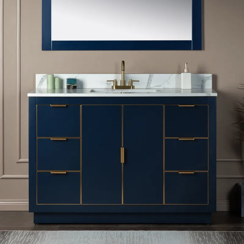 Woodbridge Venice 48" Navy Blue and Gold Trim Solid Wood Vanity Base and Fish Belly White Engineered Stone Composite Top With 3 Pre-Drilled Holes for 4" Centerset Faucet Place Order