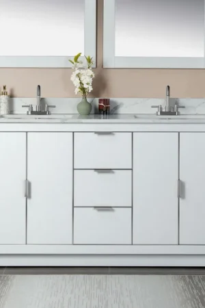 Best Choice Woodbridge Venice 61" White and Brushed Nickel Trim Solid Wood Vanity Base and Fish Belly White Engineered Stone Composite Top With 3 Pre-Drilled Holes for 4" Centerset Faucet