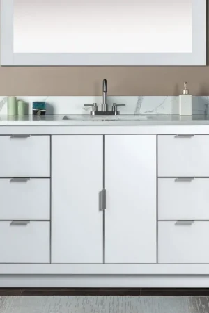 Best Price Woodbridge Venice 48" White and Brushed Nickel Trim Solid Wood Vanity Base and Fish Belly White Engineered Stone Composite Top With 3 Pre-Drilled Holes for 4" Centerset Faucet