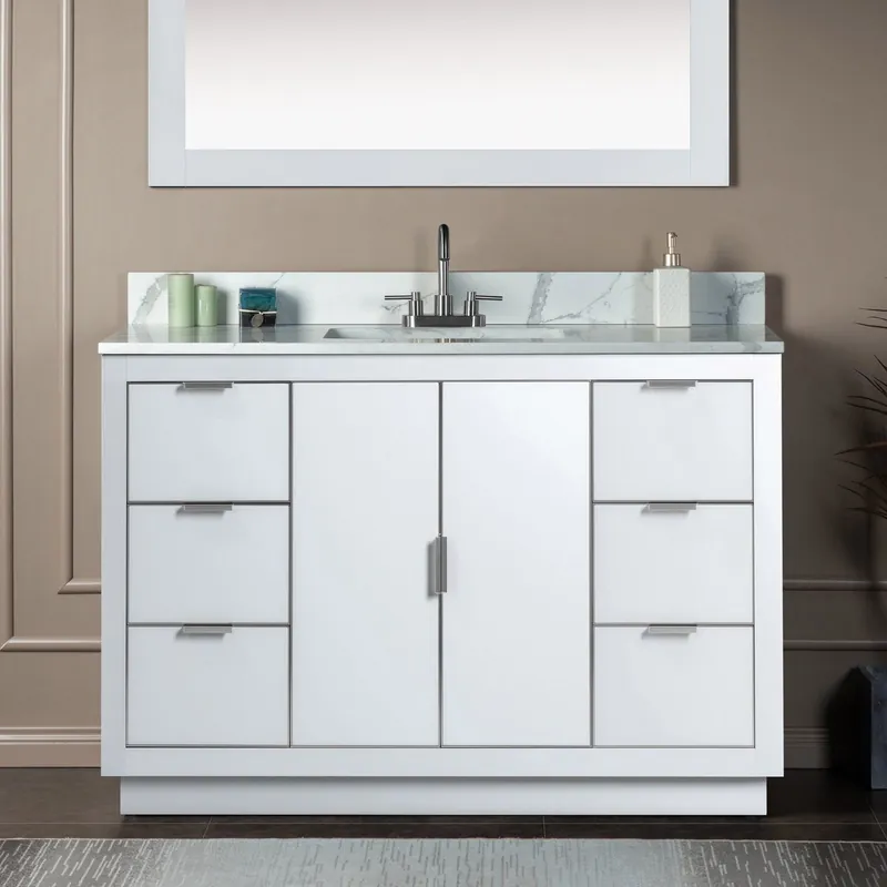 Best Price Woodbridge Venice 48" White and Brushed Nickel Trim Solid Wood Vanity Base and Fish Belly White Engineered Stone Composite Top With 3 Pre-Drilled Holes for 4" Centerset Faucet