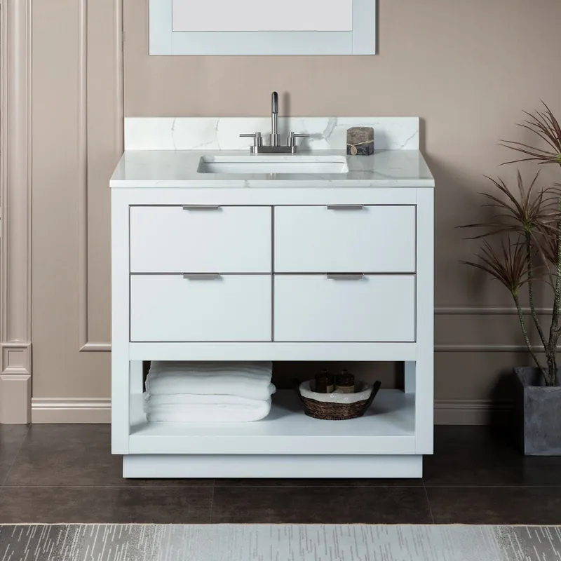 Final Sale Woodbridge Venice 37" White and Brushed Nickel Trim Solid Wood Vanity Base and Fish Belly White Engineered Stone Composite Top With 3 Pre-Drilled Holes for 4" Centerset Faucet