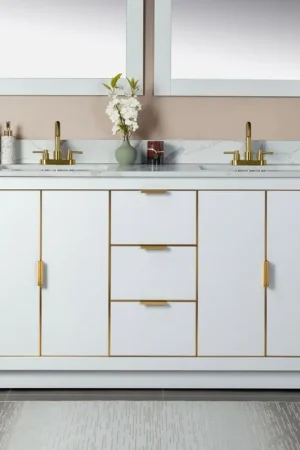 Woodbridge Venice 61" White and Gold Trim Solid Wood Vanity Base and Fish Belly White Engineered Stone Composite Top With 3 Pre-Drilled Holes for 4" Centerset Faucet Best Choice