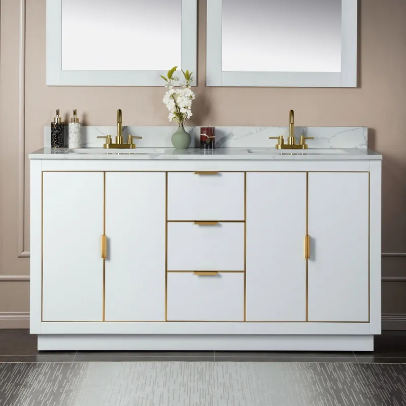Woodbridge Venice 61" White and Gold Trim Solid Wood Vanity Base and Fish Belly White Engineered Stone Composite Top With 3 Pre-Drilled Holes for 4" Centerset Faucet Best Choice